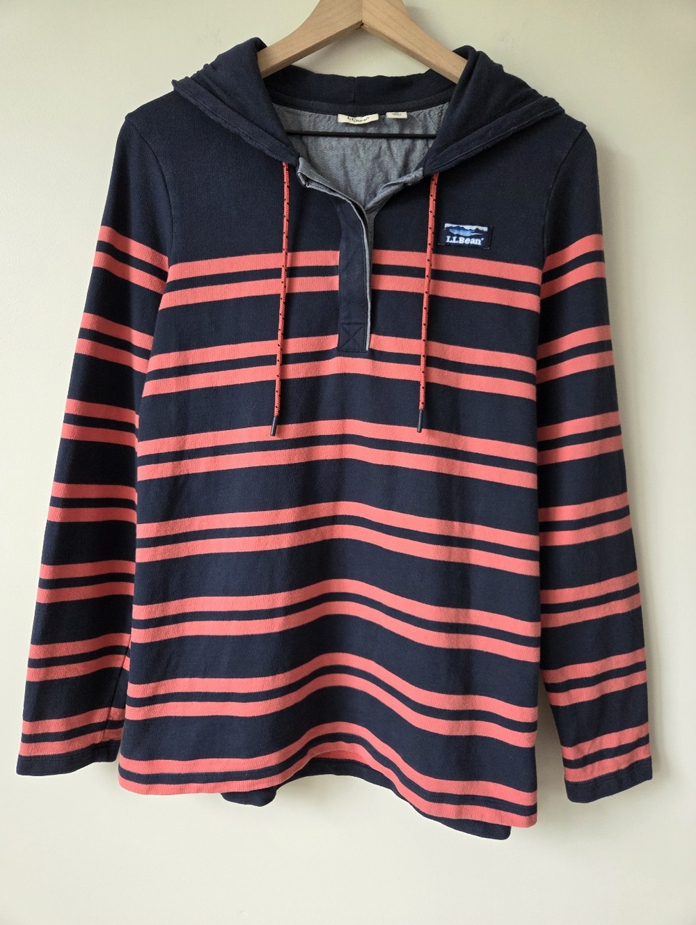 L.L. Bean Navy Pink Striped Rugby Hooded Pullover Top Womens Size Medium